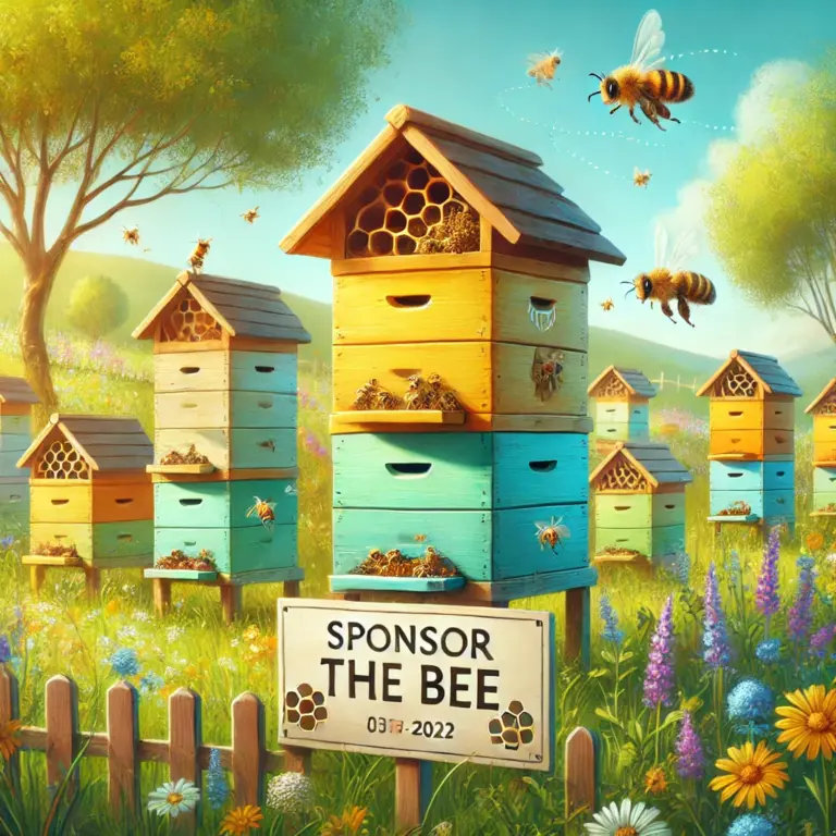 DALL·E-2025-02-02-13.20.19-A-beautiful-bee-sanctuary-with-wooden-beehives-painted-in-bright-colors-surrounded-by-wildflowers-and-green-meadows.-Bees-are-actively-flying-in-and-